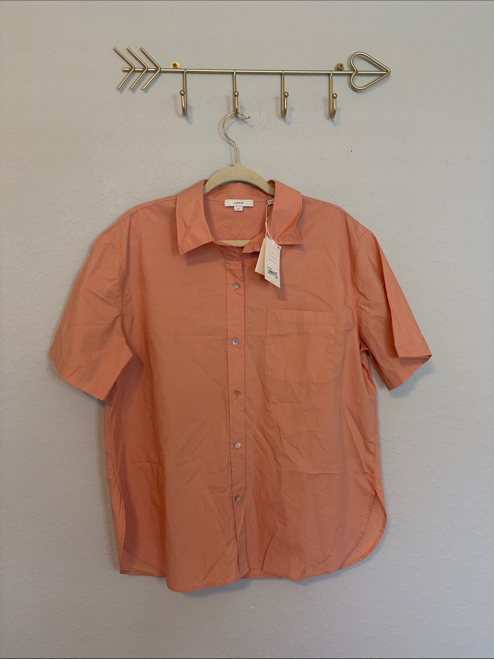 Vince. Peach Coral Button-Up Short Sleeve Shirt – Size L – NWT